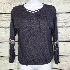 Daytrip Black & White Marled Long Sleeve Top with Lace Sleeve Detail – Size M